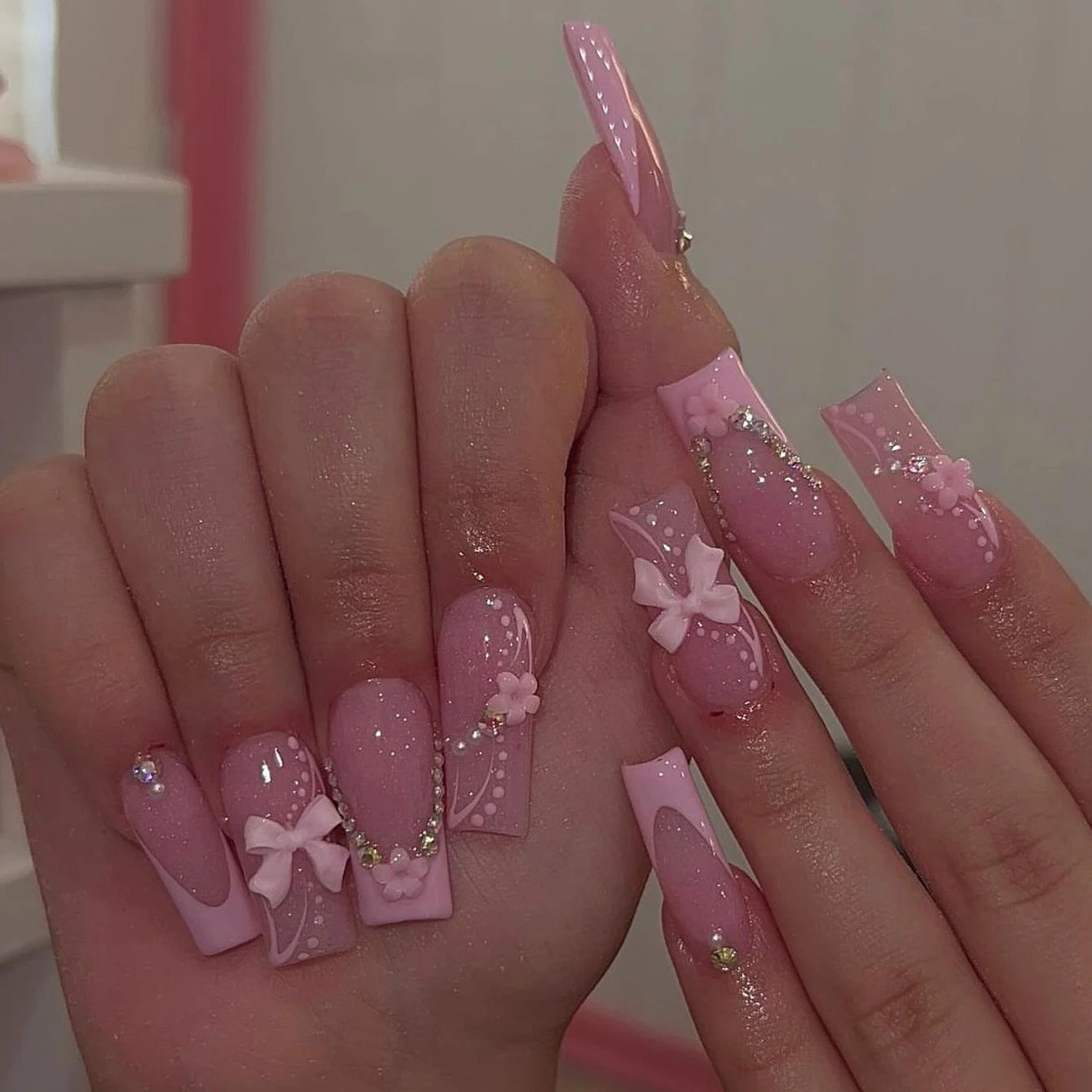 Pink Bowknot Stiletto Press On Nails 24PCS Full Cover - Smarsty