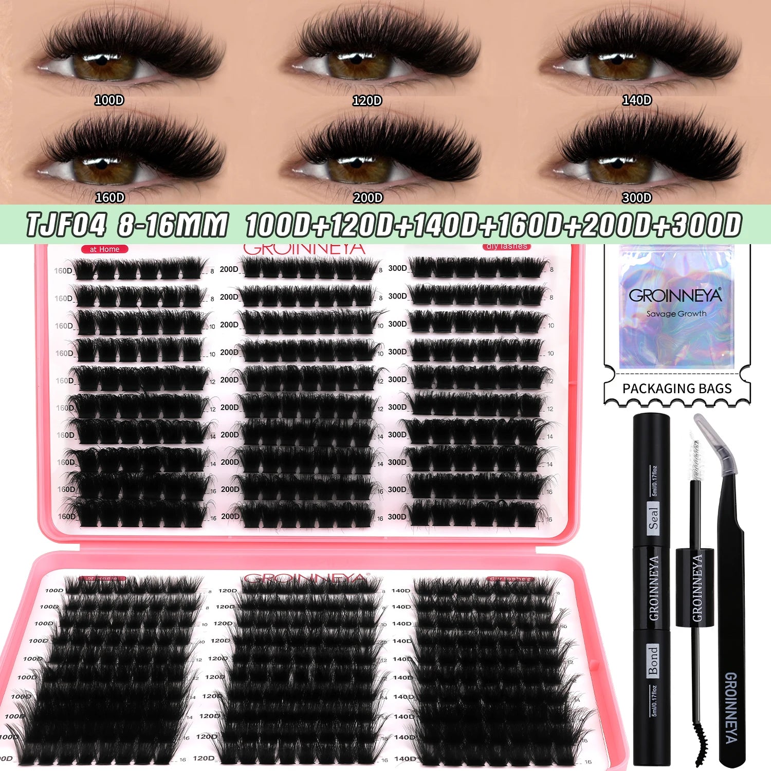 GROINNEYA DIY Lash Clusters Kit Mixed Tray Eyelash Extension Full Set Individual Lashes with Lash Bond&Seal and Tweezers Tool - Smarsty