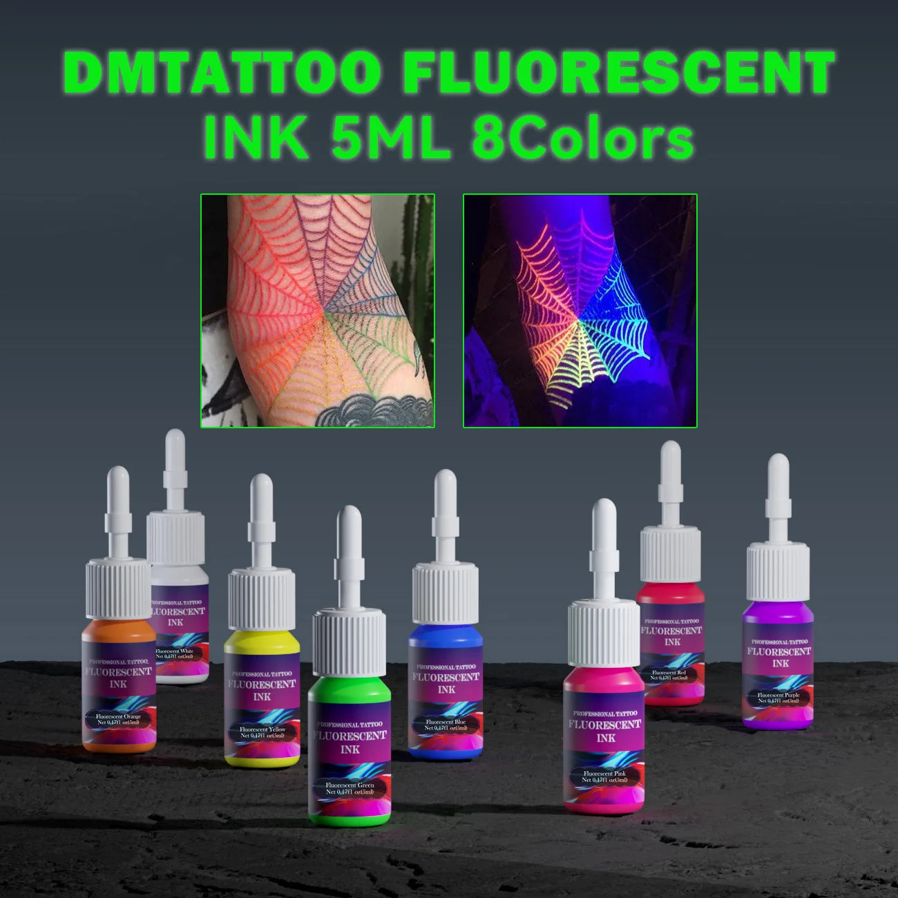 DM 8PCS 5ml Fluorescent Tattoo Ink Set Professional Tattoo Pigment Tattoo Painting Tattoo Supplies Professional Supply