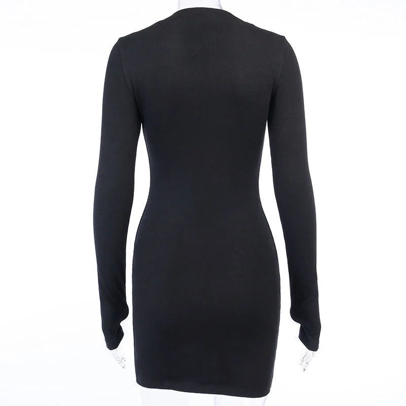 Long Sleeve Dresses for Women Black Sexy Club Bodycon Mini Dress Y2k High Waist Ladies Korean Short Dress Basic Autumn Winter - Smarsty