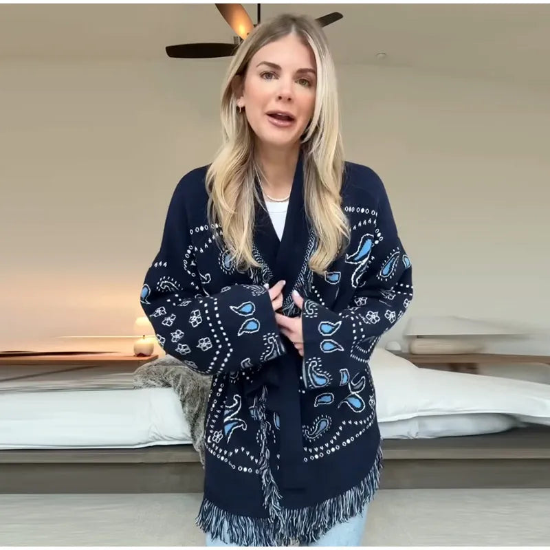 Tassel Patchwork Printed Cardigan Women Geometric Patterns Belts V-neck Long Sleeve Knitted Street Lady Sweater 2025 Autumn Coat - Smarsty