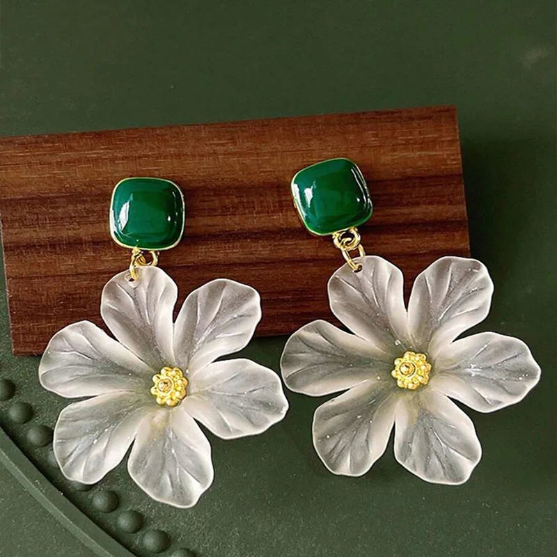 Bohemian White Flower Drop Earrings for Women in Green Epoxy - Smarsty