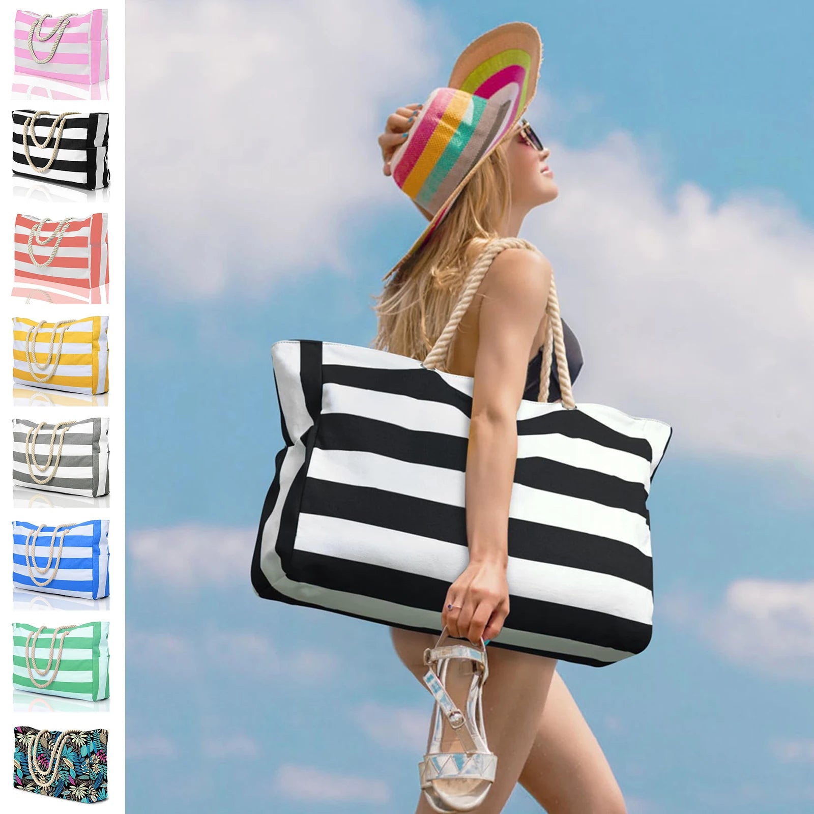 Waterproof Beach Bag Foldable Striped Zipper Outdoor Tote - Smarsty