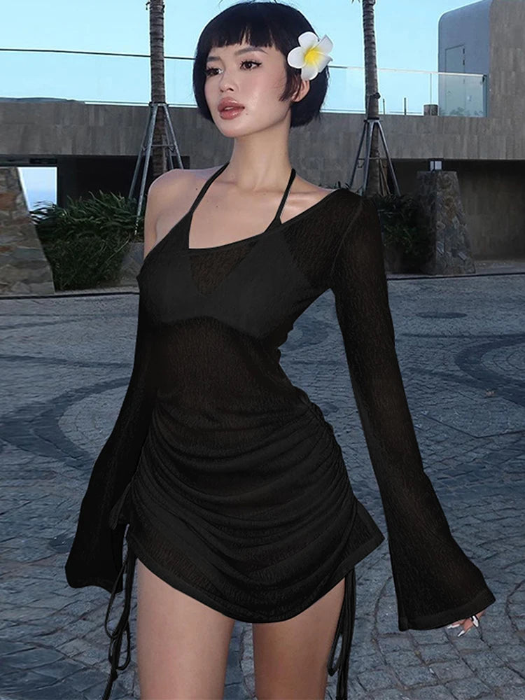 Dulzura Solid Skew Collar Ruched Straps Lace-Up See Through Draw String Mini Dress 2023 Summer Women Party Clubwear Wholesale - Smarsty