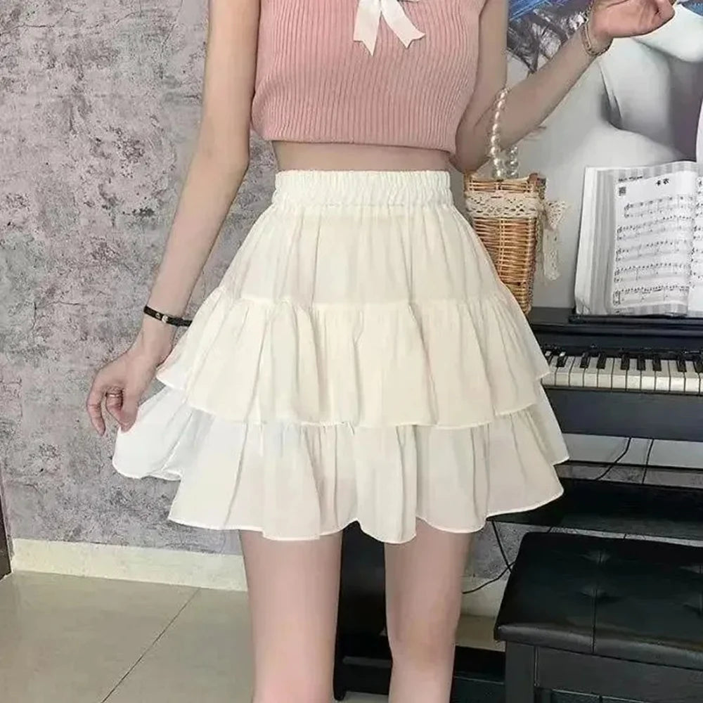 Pleated A-line Skirt White Women Ruffles Sweet Hottie Preppy Style Elastic Elastic Waist Slim Thin SimpleCasual Summer Wholesale - Smarsty