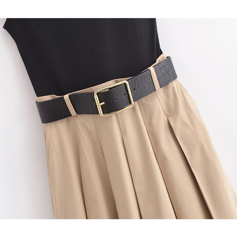 MUJER 2025 Woman Dresses Belt Pleated Midi Dress Women Sleeveless Summer Dress Woman Knitted Party Dresses for Women Sundress - Smarsty