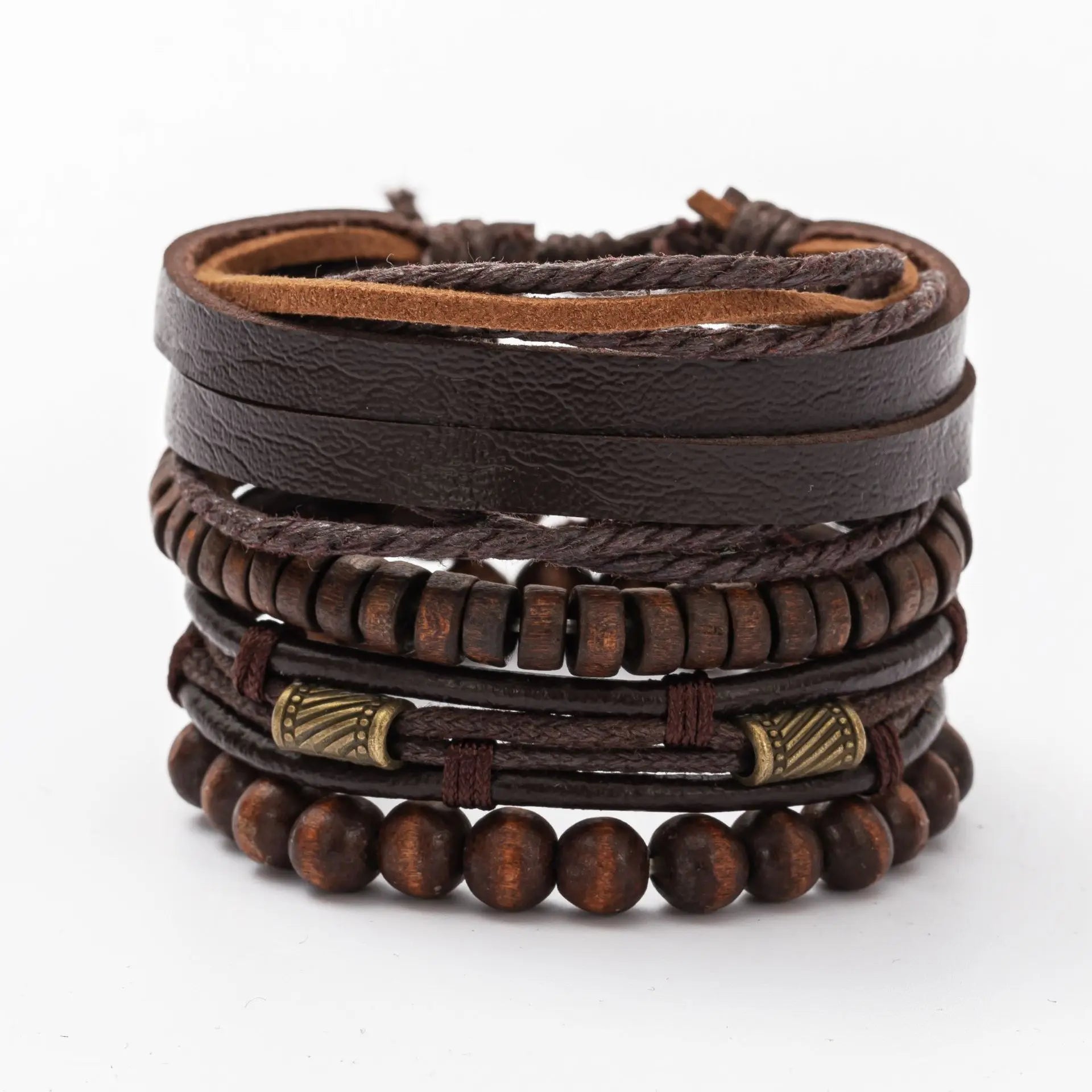 Vintage Leather Men Bracelet Woven Brown Wood Beads - Smarsty