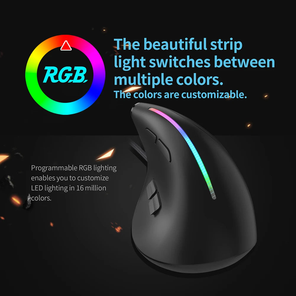 ZELOTES T-50 Ergonomic Wired Vertical RGB Mouse 12800 DPI Adjustable for PC Computer Gaming USB Wired Vertical Optical Mouse