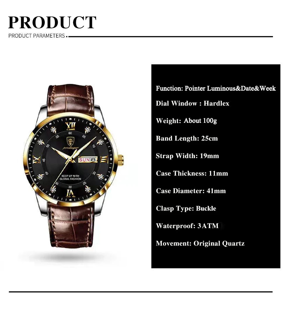 Luxury Waterproof Luminous Leather Quartz Watch for Men - Smarsty