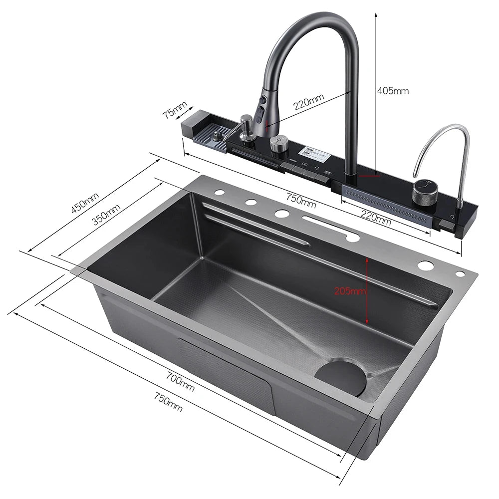 Large Stainless Steel Kitchen Sink with Digital Faucet Display - Smarsty