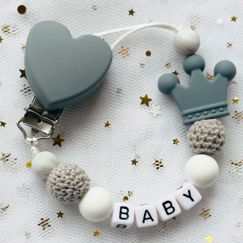 NEW Custom Personalized Name Pacifier Clip Handmade Beech Wooden Chain Silicone Crown Holder Soother Baby Teething Toy Chew Gift by Smarsty
