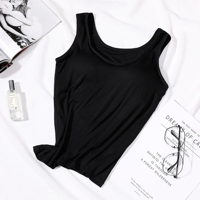 2023 Women's Vest Tops with Built In Bra Neck Vest Solid Color Padded Slim Fit Tank Tops Sexy Shirts Feminino Casual Tank Tops - Smarsty