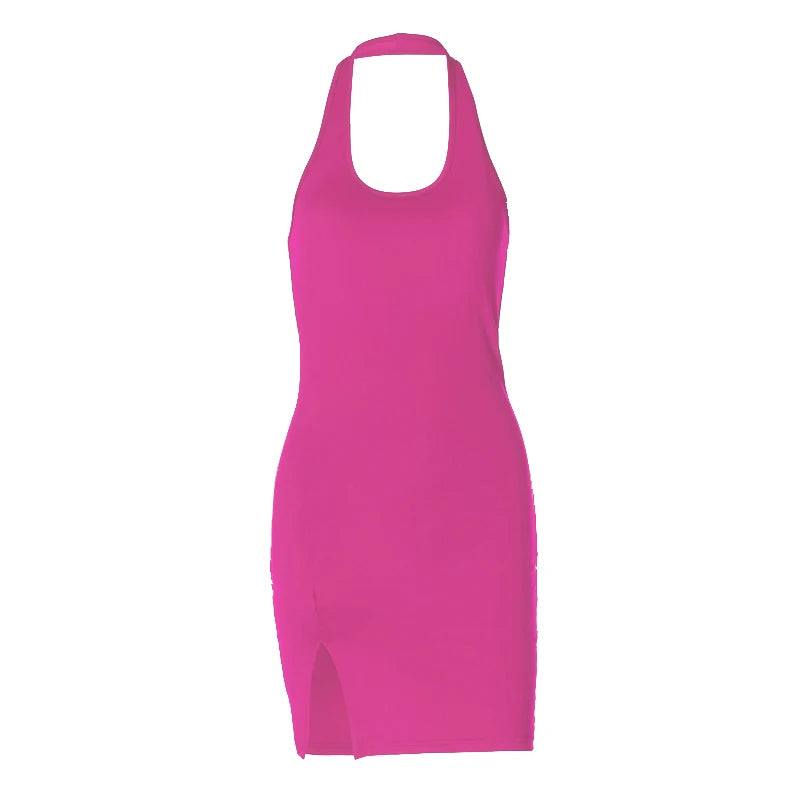 Halter Dress Seveless Backless Side Slit Neck-mounted Mini Dresses Knitted Sheath Streetwear 2024 Summer Woman Clothing Y2K 2406 - Smarsty