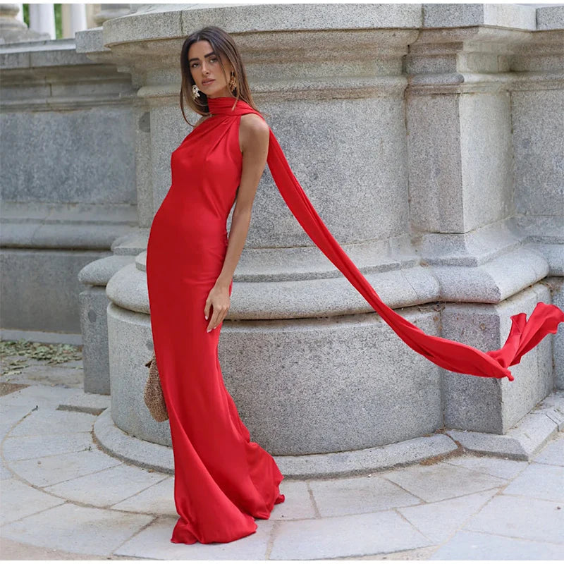 Elegant Solid Ribbon Women Halter Dress Off Shoulder Sleeveless Backless Slim Female Maxi Dresses 2025 Summer New Chic Lady Robe - Smarsty