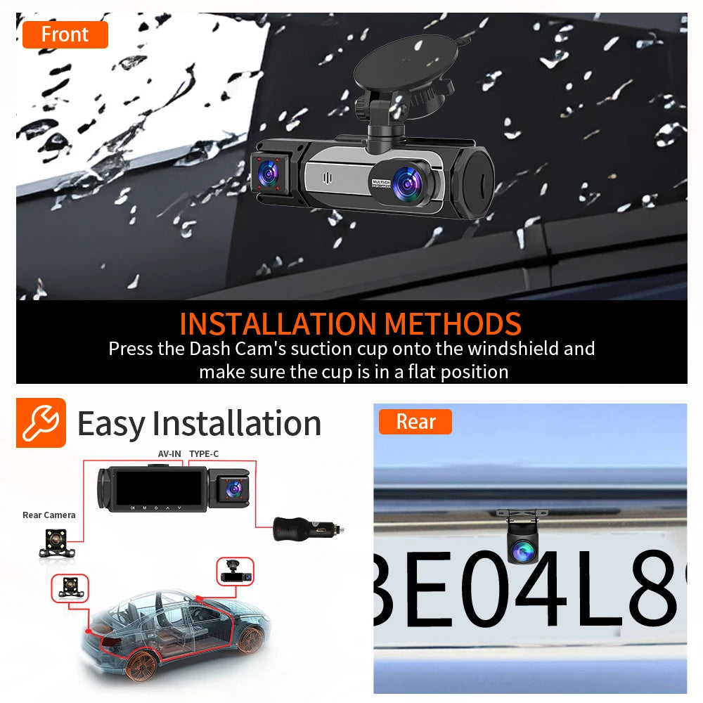 1080P 3 Camera Dash Cam Front and Rear Night Vision - Smarsty