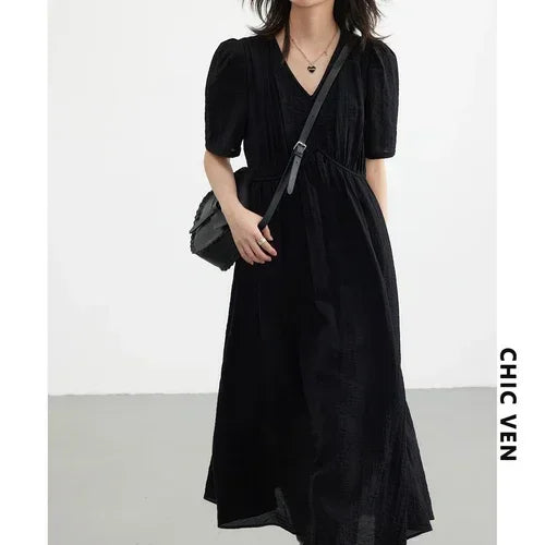CHIC VEN Women Dresses French Style Vintage V-neck Puff Sleeve Long Dress Solid Black Loose Female Clothing Summer New 2023 - Smarsty