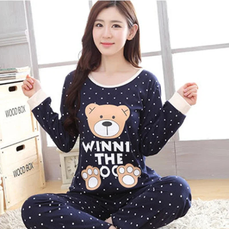 Autumn Thin 2pieces Pyjamas Set Women 2025 Round Neck Girls Bear Pajamas Sets Teacup Cat Full Sleepwear Tops lovers Pajama Mujer - Smarsty