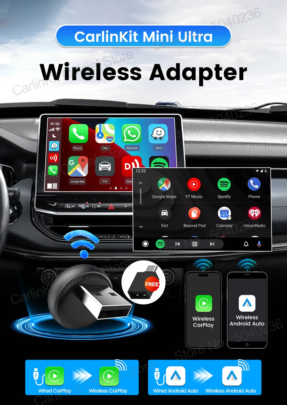 Mini Ultra 3 CarlinKit 5.0 Wireless Adapter Wireless CarPlay Android Auto For OEM Car Plug & Play WiFi Bluetooth Auto Connection