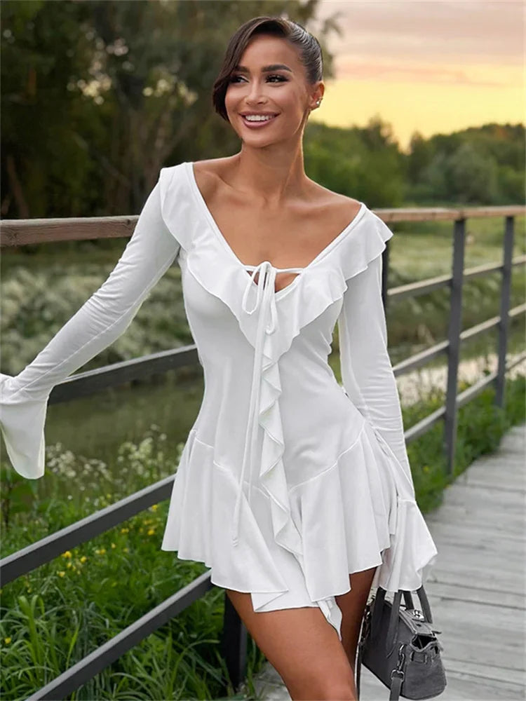 Tossy Ruffled Lace-Up White Mini Dress Women's V-Neck Patchwork Long Sleeve Sexy Slim Dress Bandage Elegant Female Summer Dress - Smarsty