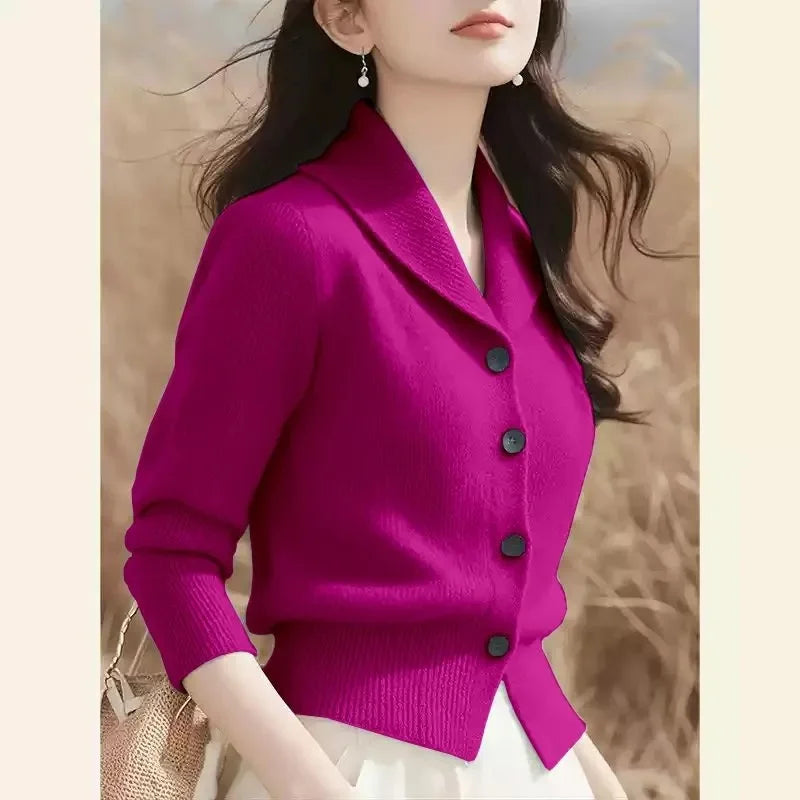 2025 New Spring Autumn Turndown Collar High End Women Knitt Cardigan Sweater Fashion Korean Version Female Knitwear Tops - Smarsty