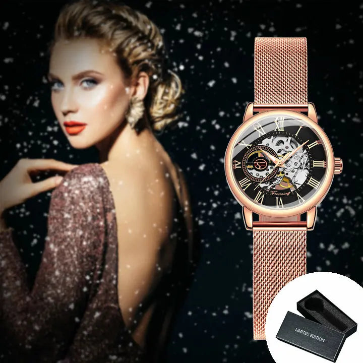 Rose Gold Skeleton Mechanical Watch for Women - Smarsty