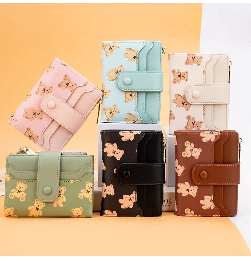 Women Short Wallets PU Leather Female Bifold Purses Cute Bear Card Holder Wallet for Girl Small Zipper Wallet with Coin Purse - Smarsty