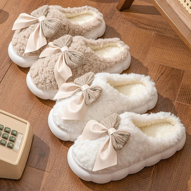 Winter Warm Fur Slippers for Women Cute bow House Non Slip Soft Shoes Comfort Flat Heel Home Indoor Bedroom Plush Slippers - Smarsty