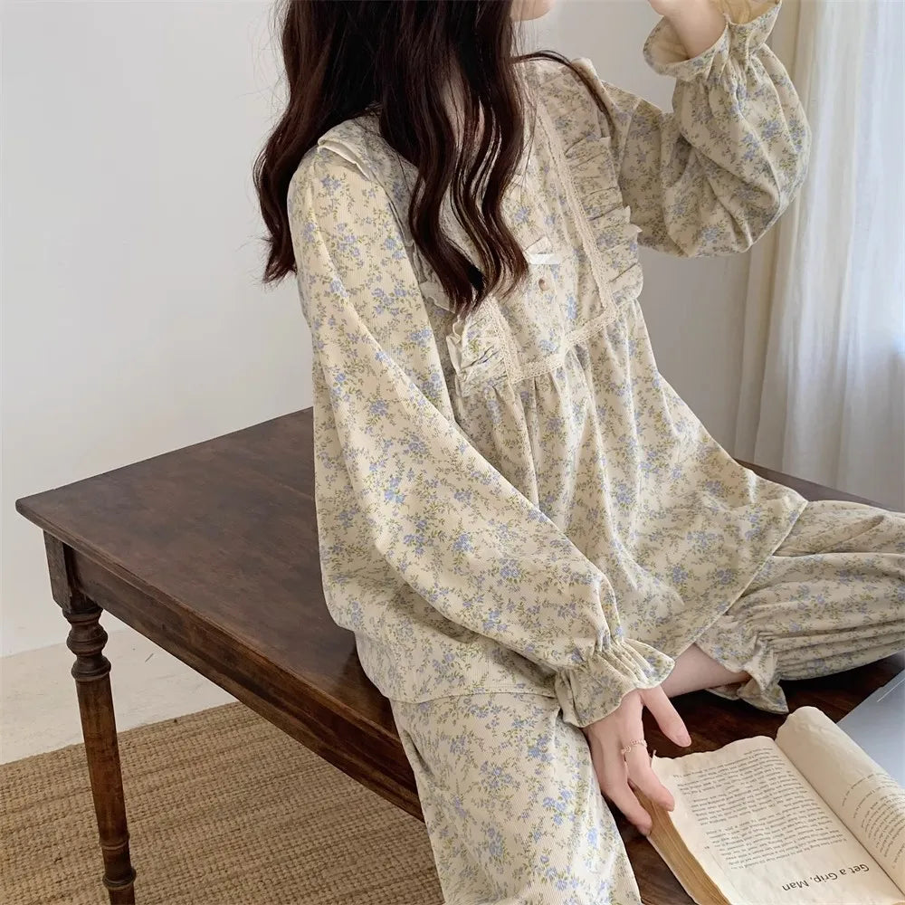 Women Plus Size Pajamas Garden Style Student Homewear Two-Piece Korean Version of the Bow Can Be Worn Outside Long-Sleeved women - Smarsty