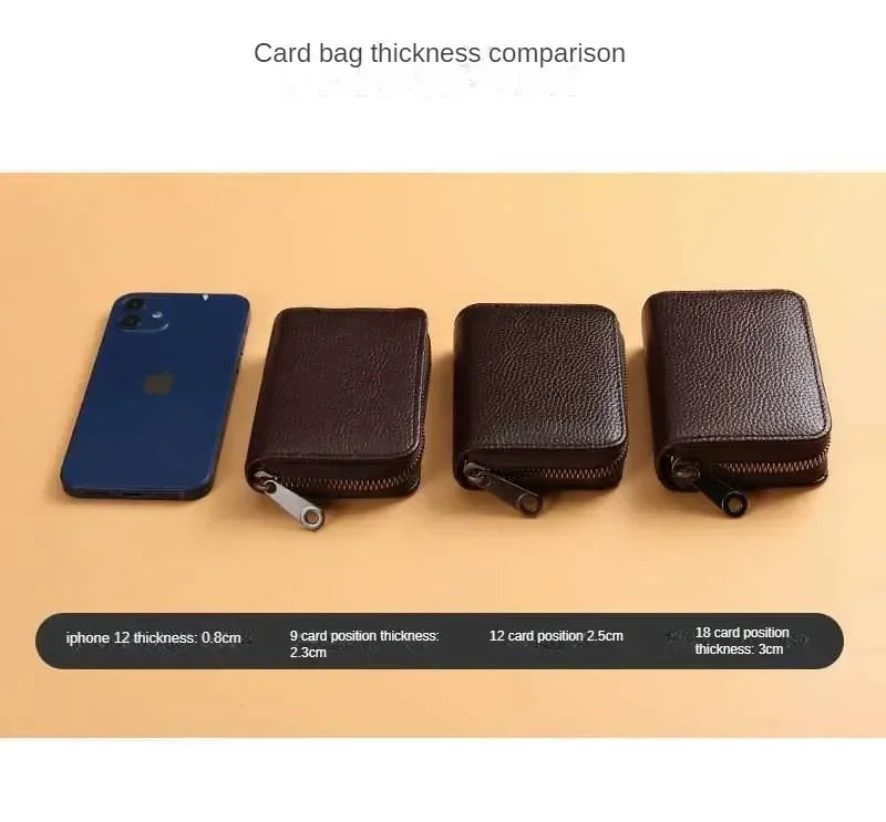 Multi Slot Card Holder Vintage Small Wallet Women Men Business Bank Credit Card Bag Male Coin Pouch Solid Leather Zipper Wallet - Smarsty