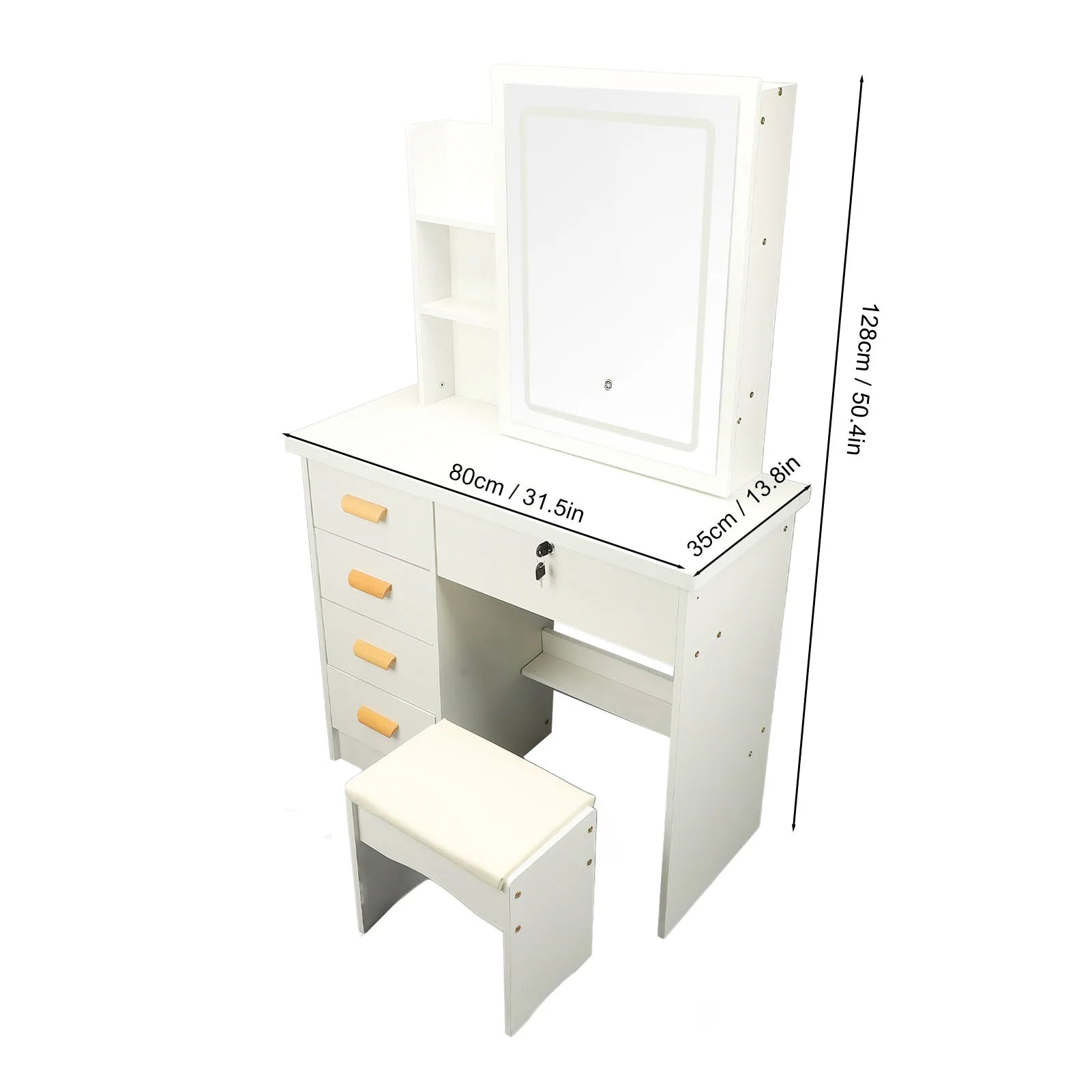 Vanity Table Dressing Table Modern Multi Functional Lighted Mirror Vanity Desk with Drawers Shelves Padded Stool for Bedroom