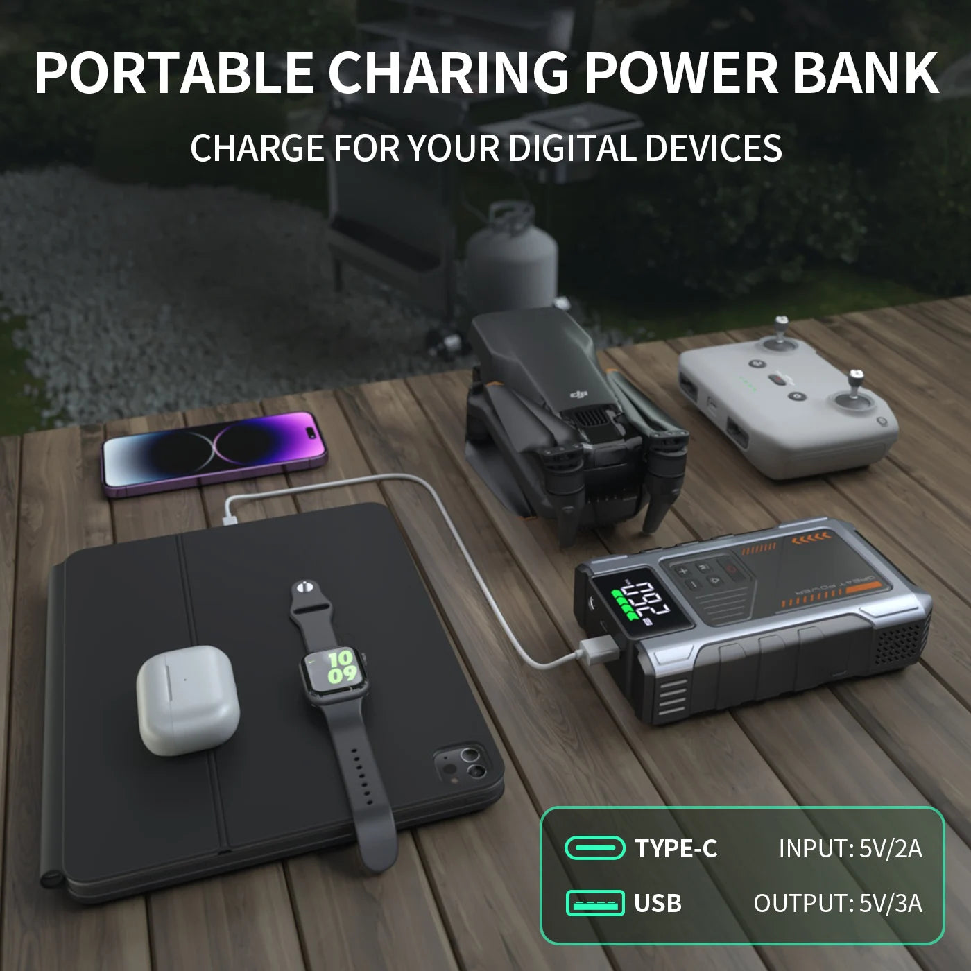 Portable Car Jump Starter With Air Compressor, 3000A Peak(7.5L Gas, 6.5L Diesel) , Jump Starter Battery PackWith150 PSl Tire Inf