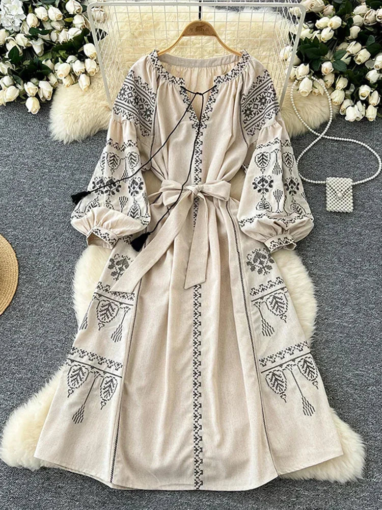 Bohemian Retro Ethnic Style Dress Women's New Spring Autumn Embroidered Lace Up Lantern Sleeves Waist Cinching Long Dress A155 - Smarsty