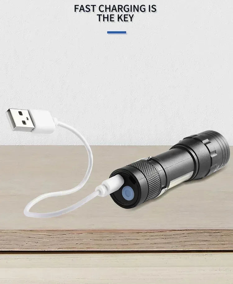 Portable Rechargeable LED Flashlight with Pen Clip Zoomable Waterproof Torch with Side Light Outdoor Camping Emergency Lantern - Smarsty