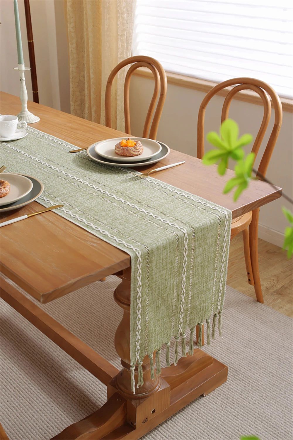 Boho Green Table Runner with Rustic Tassels - Smarsty