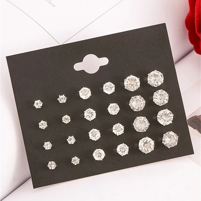 12 Pair White Crystal Wedding Stud Earrings Set - Smarsty