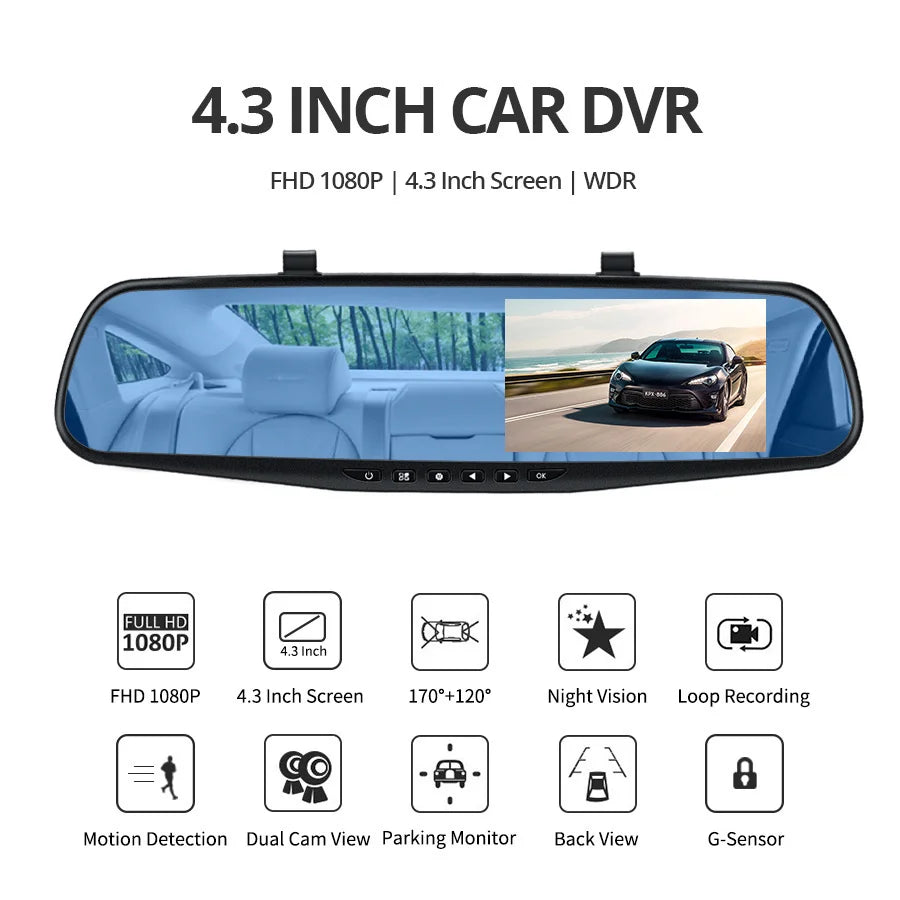 Dual Lens Dashcam With 4.3 Inch Rearview Mirror FHD 1080P - Smarsty