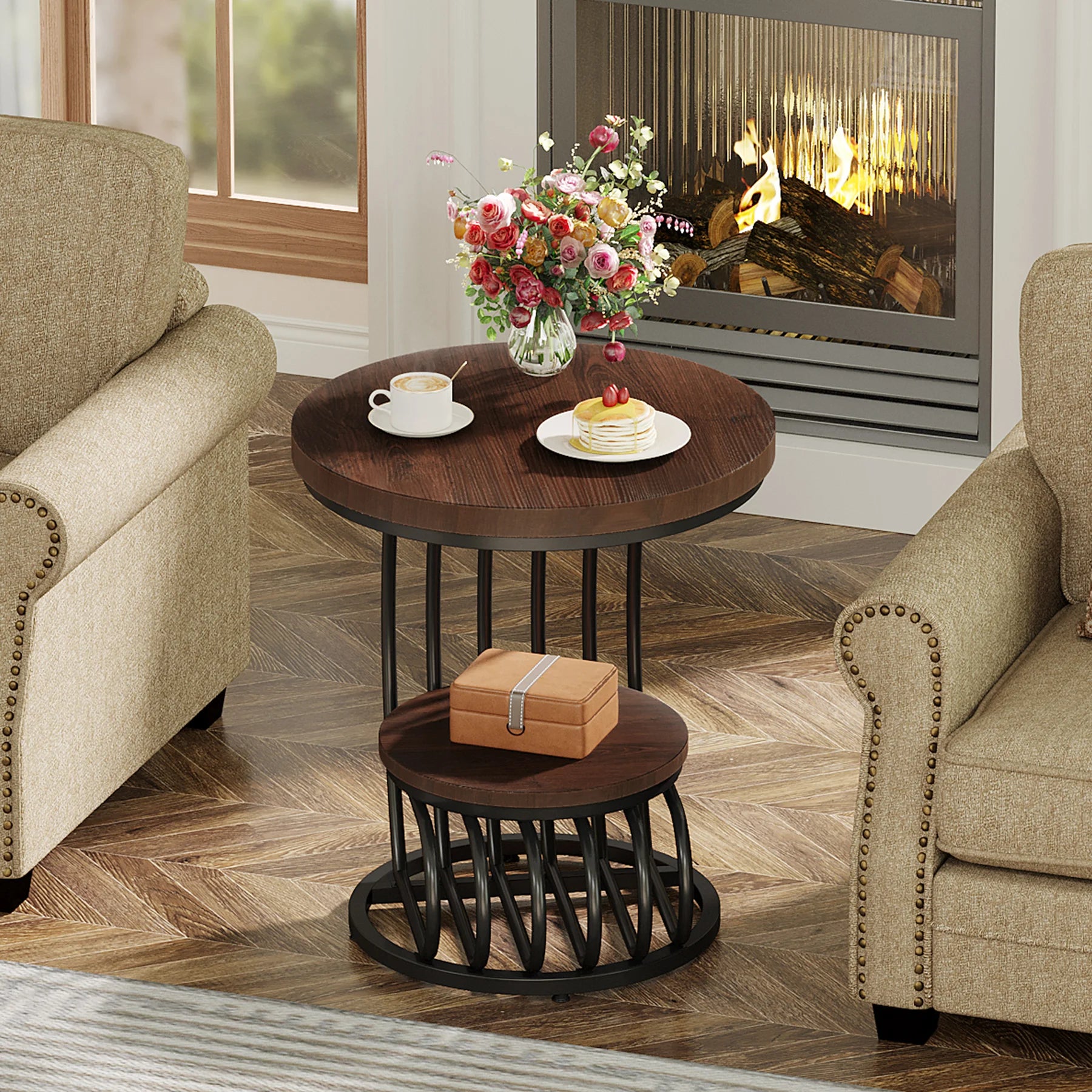 Tribesigns Gold Round End Table: 2 Tiers Faux Marble Side Table with Storage Shelf, Modern White Gold Bedside Nightstand