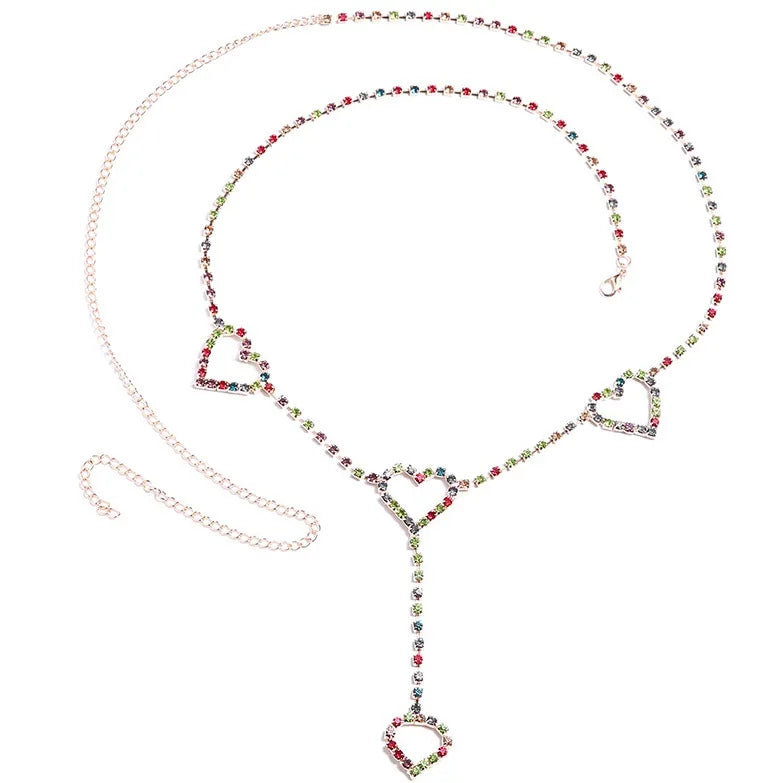 Rhinestone Body Chain Belt with Heart Pendant - Smarsty