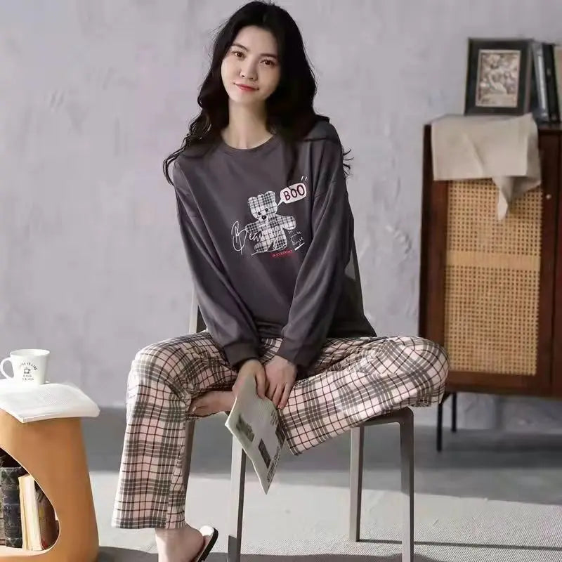 Spring and Autumn New Ladies Pajamas Homewear Set of Long-Sleeved Autumn and Winter Homewear Women Plus Size Pajamas Set - Smarsty