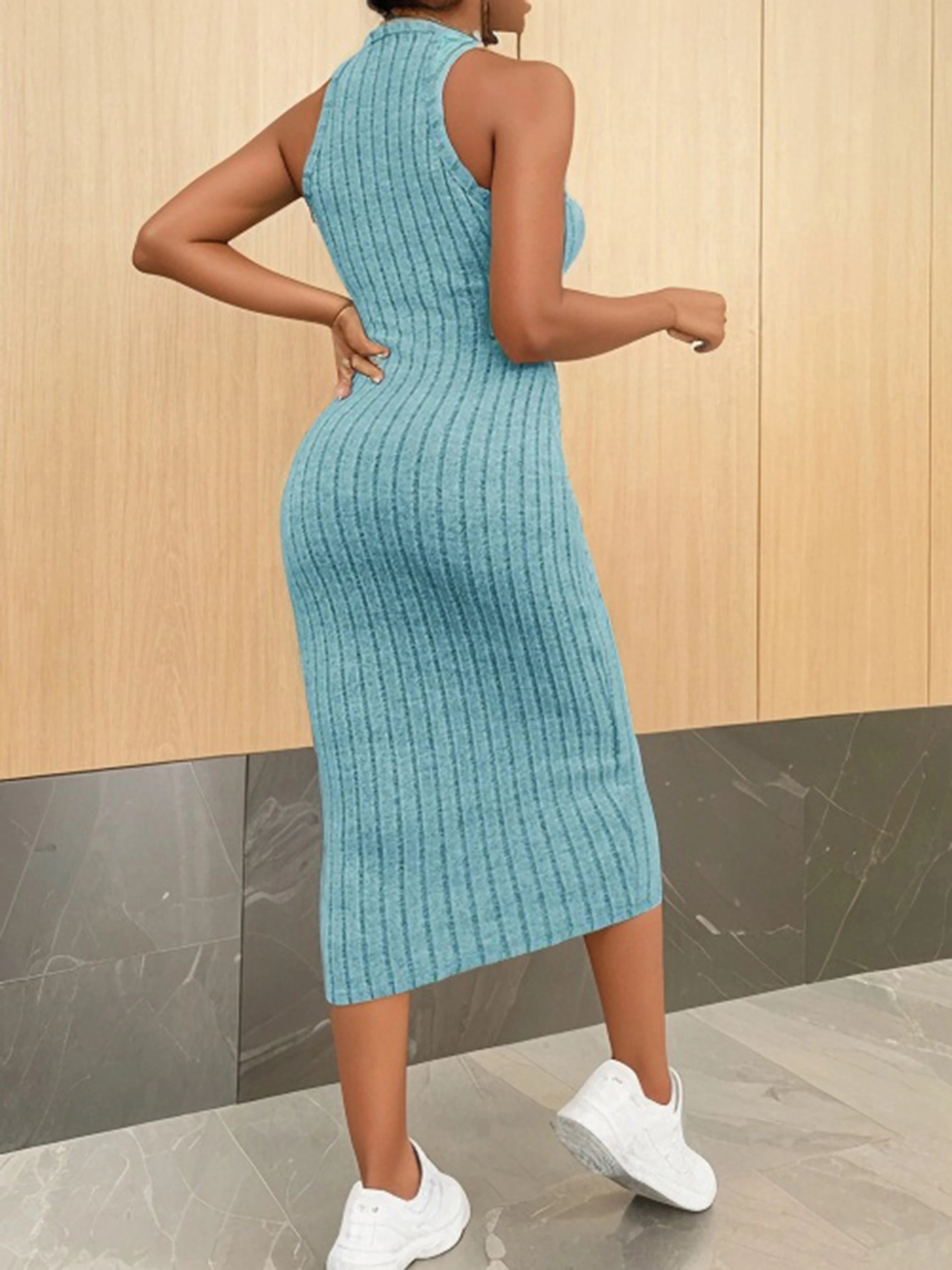 Solid Halter Neck Bodycon Midi Dress High-end temperament vest halter dress women's summer new high-waist slim temperament slim - Smarsty