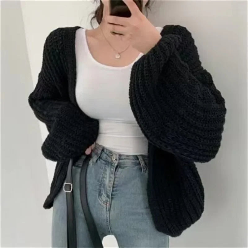 New 2024 Chic Korean Fashion Short Cardigans Knitted Poncho Women Summer Elegant Vintage Minimalist Lady Tops - Smarsty