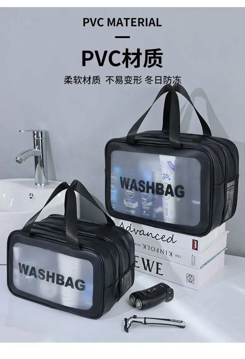 Dry-wet separation double transparent PU makeup bag portable washing bag cosmetic storage bag travel fitness swimming essentials - Smarsty