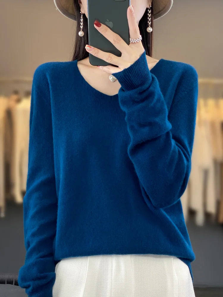 Fashion100% Merino Wool Sweater Cashmere Pullover Women Knitwear V-Neck Long Sleeve Autumn Winter Fashion Basic Clothing Tops - Smarsty