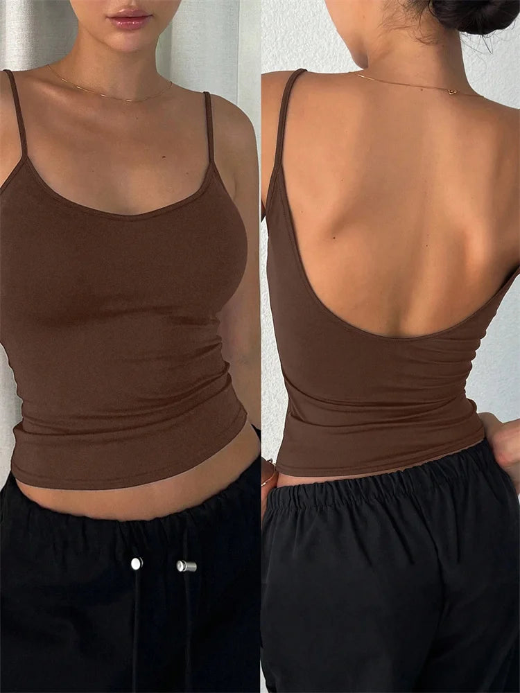 Women Backless Cami Crop Top Summer Solid Color Casual Sleeveless Top Streetwear Y2K Clothes - Smarsty