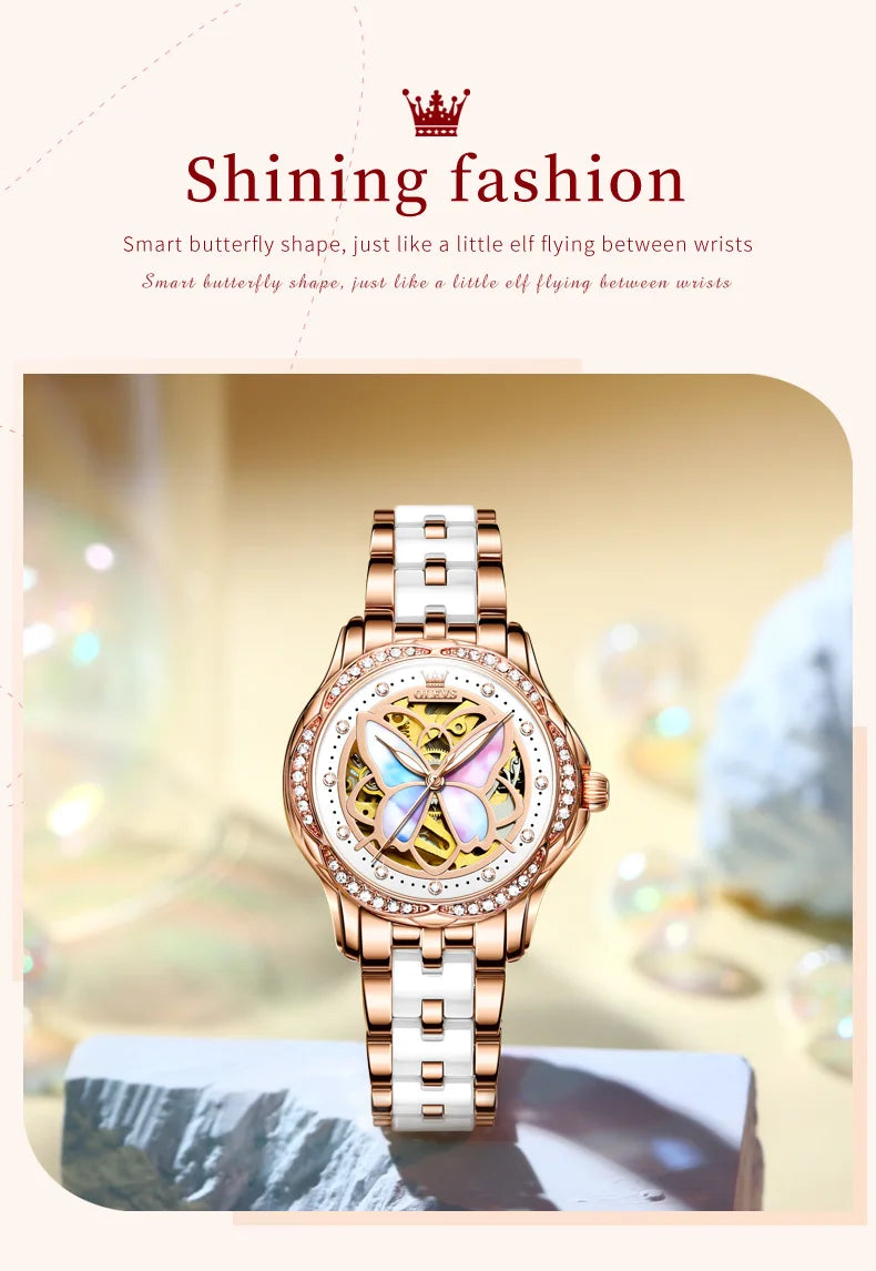 OLEVS 6615 Womens Watch Original Bezel Ceramic Mechanical Automatic Wristwatch Waterproof Luminous Ladies Watch Butterfly Dial - Smarsty