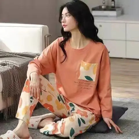 Spring and Autumn New Ladies Pajamas Homewear Set of Long-Sleeved Autumn and Winter Homewear Women Plus Size Pajamas Set - Smarsty