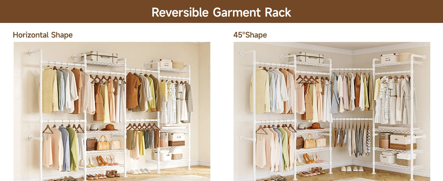 L4 Wall Mounted Industrial Pipe Clothes Rack, Closet Organizer System with Rods Expandable, Clothing Rack, Corner Garment Rack