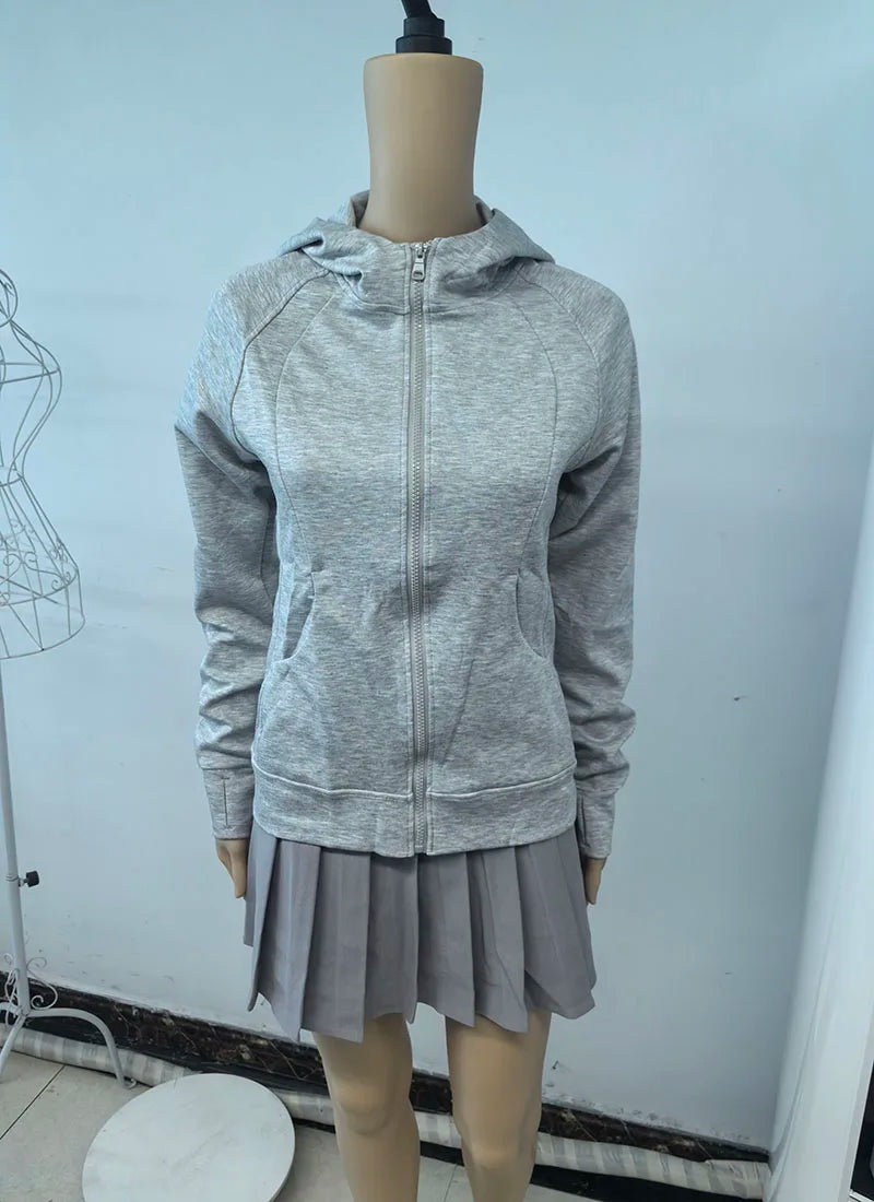 Gray Zipper Hooded Sweatshirt Women 2025 New Korean Slim Fit Cardigan Long Sleeve Coat Woman Solid Pockets Sports Hoodies Jacket
