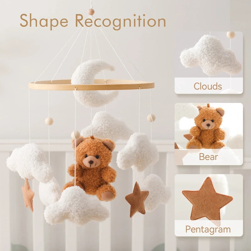 Wooden Crib Mobile Baby Bed Bell Rattle Toy Soft Felt Cartoon Bear Mobile Hanging Newborn Music Box Bed Bell Hanging Bracket Toy by Smarsty