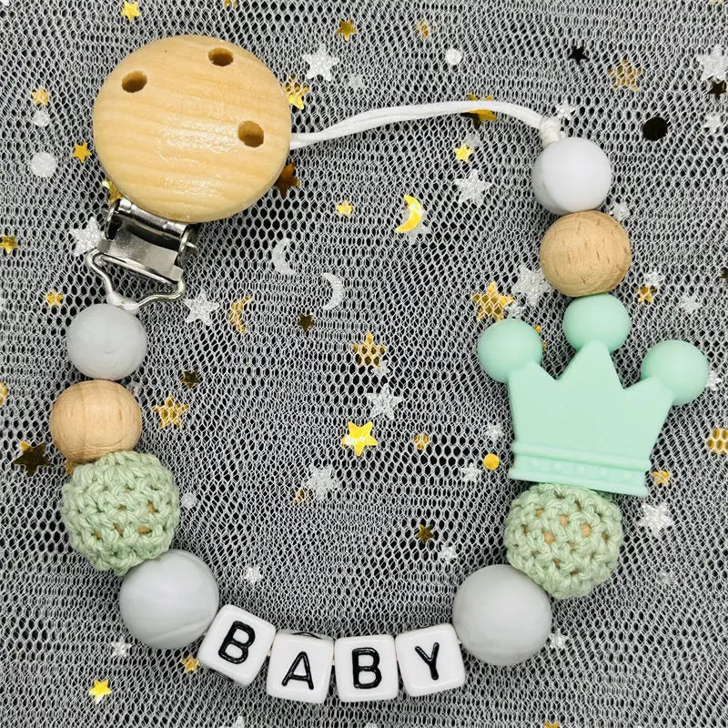 NEW Custom Personalized Name Pacifier Clip Handmade Beech Wooden Chain Silicone Crown Holder Soother Baby Teething Toy Chew Gift by Smarsty